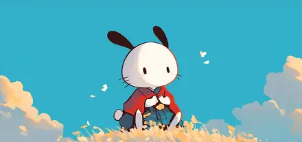 A serene HD anime wallpaper featuring Pochacco sitting in a grassy field, surrounded by butterflies under a bright blue sky.