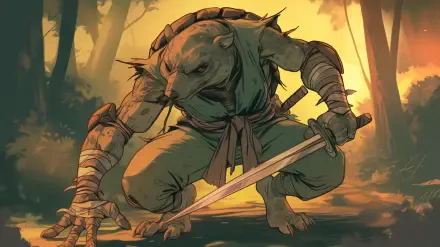 A dynamic illustration of Splinter from Teenage Mutant Ninja Turtles, poised with a dagger. Set against a moody forest background, this HD wallpaper captures a fierce moment.