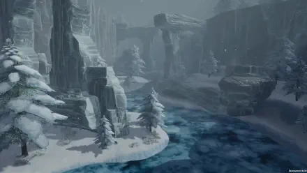 A serene winter landscape from the video game Pantheon: Rise of the Fallen, featuring snow-covered trees, rugged cliffs, and a flowing river, set against a misty backdrop.