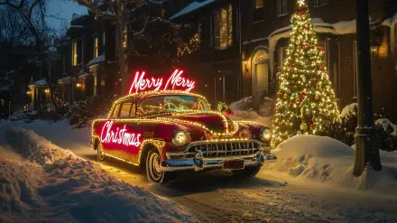 A festive scene featuring a vintage car adorned with bright Christmas lights, parked near a beautifully decorated Christmas tree in a snow-covered town street, capturing the holiday spirit.