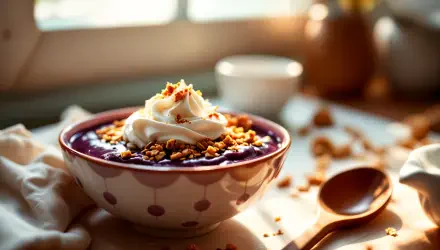 A 4K Ultra HD image of an acai bowl topped with yogurt and granola served as breakfast or dessert on a cozy table setting.