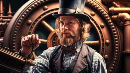 A steampunk-inspired portrait of a man with a top hat and bow tie, standing in front of a large, intricate gear mechanism, creating a visually captivating 4K Ultra HD background.