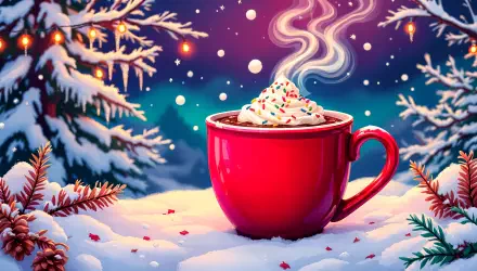A vibrant red mug of hot cocoa topped with whipped cream and sprinkles sits in a snowy scene, with softly falling snow and glowing lights in the background, creating a cozy winter atmosphere.
