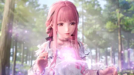 A vibrant HD wallpaper from the video game Infinity Nikki, featuring a character with pink hair in a forest setting, surrounded by magical sparkles.
