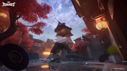 A vibrant 4K Ultra HD wallpaper depicting a picturesque scene from Marvel Rivals, featuring traditional architecture amidst beautiful red foliage and a dramatic sky.
