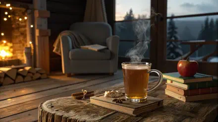 A cozy interior scene featuring a steaming cup of apple cider on a rustic table, surrounded by books and an apple, with a warm fireplace in the background. Ideal for a 4K Ultra HD wallpaper.