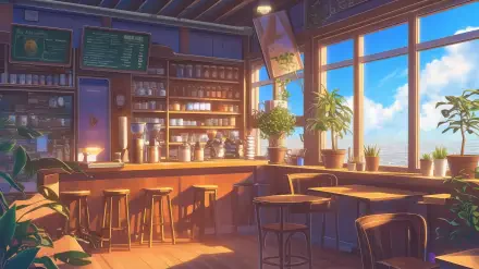 A serene anime-style coffee shop interior with warm lighting, wooden furniture, and large windows showcasing a bright blue sky, creating a cozy lofi atmosphere.