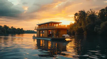 A serene houseboat is anchored on calm waters, reflecting a stunning sunset with vibrant colors and silhouetted trees, creating a tranquil ambiance in this 4K Ultra HD wallpaper.