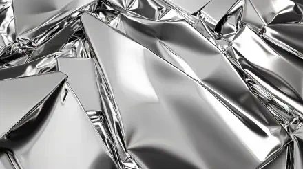 A close-up of crumpled silver foil, showcasing intricate folds and reflections, designed as a striking 4K Ultra HD PC desktop wallpaper and background.