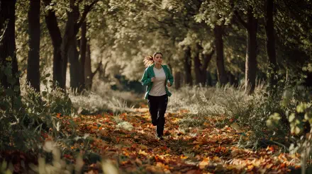 A person jogs through a tree-lined path covered in autumn leaves, capturing the essence of outdoor fitness in a serene setting. 4K Ultra HD PC desktop wallpaper background.
