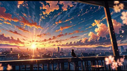 HD anime cityscape wallpaper from Wallpaper Abyss featuring a sunset with vibrant stars and clouds viewed from a balcony, blending urban and natural beauty.