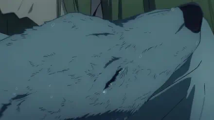 HD anime wallpaper featuring Enkidu from Fate/strange fake and Fate/Grand Order, showing a close-up of a serene white wolf resting with water droplets on its fur.