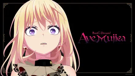 Anime-themed HD wallpaper featuring a character from BanG Dream! Ave Mujica, with striking blonde hair and violet eyes, set against a dark background.