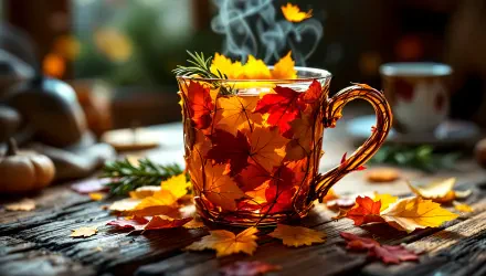 A warm cup of cider surrounded by colorful autumn leaves, emanating steam, set against a rustic wooden background. This vibrant 4K Ultra HD desktop wallpaper captures fall's essence.