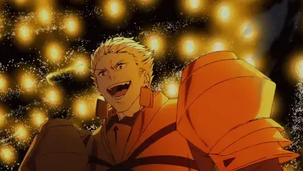 An HD wallpaper featuring Gilgamesh from Fate/strange fake, showcasing the character with an expressive smile against a backdrop of glowing lights.
