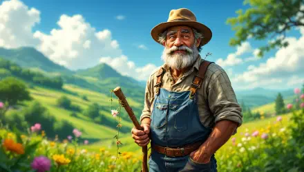 An elderly farmer stands proudly in a vibrant field full of flowers, with rolling green hills and a blue sky in the background, captured in stunning 4K Ultra HD.