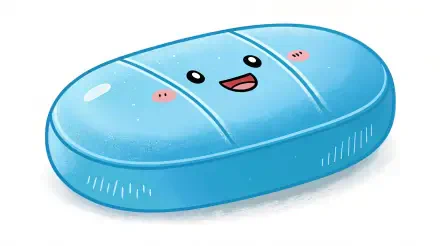 A cute, cartoonish blue pill with a smiling face and rosy cheeks, designed as a vibrant 4K Ultra HD PC desktop wallpaper and background.