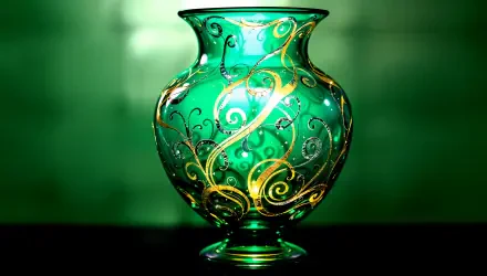 A beautifully designed green vase with intricate golden and silver swirls, featured as a stunning 4K Ultra HD PC desktop wallpaper and background.