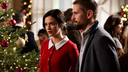 A festive Christmas party scene featuring a woman in a red dress and a man in a jacket, with a beautifully decorated tree in the background, capturing a warm, joyful atmosphere.