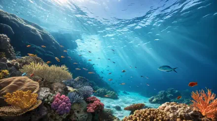 A vibrant underwater scene features colorful corals and diverse fish, illuminated by sunlight filtering through the water, captured in stunning 4K Ultra HD.
