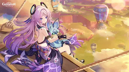 HD PC desktop wallpaper featuring Citlali from Genshin Impact, a girl character holding a small creature against a colorful sky with hot air balloons.