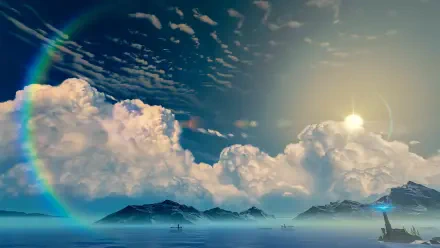 Wuthering Waves 8K Ultra HD wallpaper featuring dramatic cloud formations over misty mountains and a glowing sun, creating a serene and vivid desktop background.