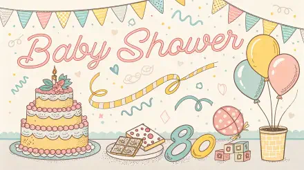A whimsical baby shower scene featuring a colorful cake, treats, balloons, and festive decorations. This 4K Ultra HD wallpaper adds charm to your desktop background.