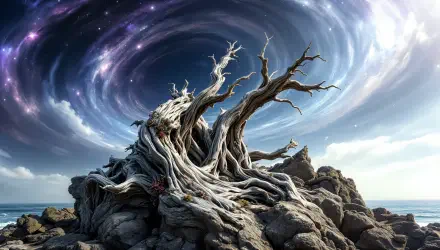 A striking driftwood sculpture atop rocky terrain, surrounded by a swirling cosmic sky, captures a blend of natural beauty and surrealism, showcased as a 4K Ultra HD PC desktop wallpaper.