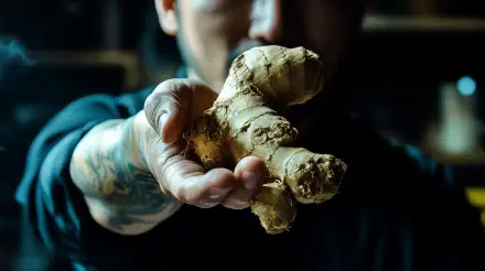 A close-up of a person holding fresh ginger with tattoos visible on their arm, set against a dark background, showcasing the vibrant texture of the ginger root in stunning 4K Ultra HD.