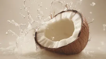 A split coconut with splashes of coconut water creates a refreshing scene, captured in stunning 4K Ultra HD for an eye-catching desktop wallpaper or background.