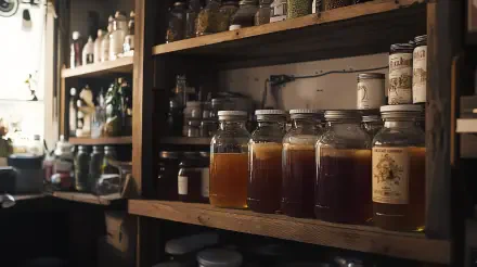 A rustic shelf filled with glass jars of kombucha in various shades, showcasing the brewing process in a cozy, warmly lit space. A vibrant 4K Ultra HD wallpaper.