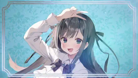 A cheerful anime character with long hair and a playful expression, set against a soft blue background. This HD wallpaper is inspired by I May Be a Guild Receptionist But I'll Solo Any Boss to Clock Out on Time.