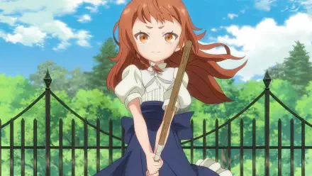 An HD PC desktop wallpaper featuring a determined female character from the anime Magic Maker: Isekai Mahou no Tsukurikata, poised with a wooden sword against a vibrant sky.