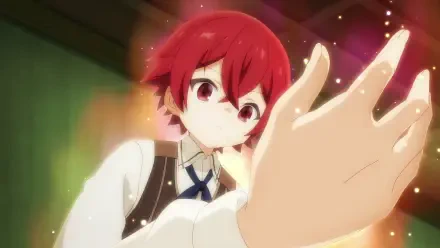 A character from the anime Magic Maker: Isekai Mahou no Tsukurikata is seen focusing intently, with glowing magical particles surrounding his hand, set against a colorful background.