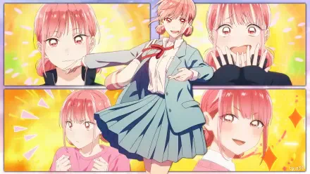 HD PC desktop wallpaper featuring Hina Chouno from the anime Blue Box, showcasing multiple expressive poses with a vibrant yellow background.