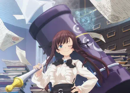 4K Ultra HD anime wallpaper featuring Alina Clover from I May Be a Guild Receptionist But I'll Solo Any Boss to Clock Out on Time, holding a large weapon with scattered papers.