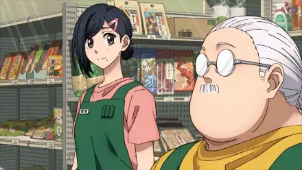 Anime — Sakamoto Days HD PC desktop wallpaper: Aoi Sakamoto in a green apron and Taro Sakamoto with round glasses stand in a shop-style background.