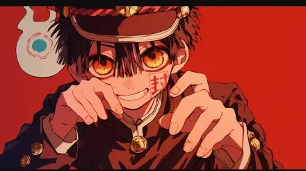 A vibrant HD desktop wallpaper featuring Hanako-kun from the anime Toilet-bound Hanako-kun, showcasing his playful expression and distinctive style against a striking red background.