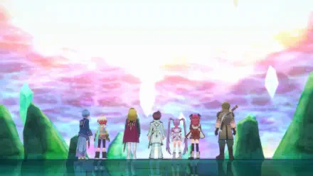 A vibrant scene from Tales of Graces f Remastered, featuring characters gazing at a colorful sky, set against a backdrop of lush green hills and crystalline structures. HD PC desktop wallpaper.
