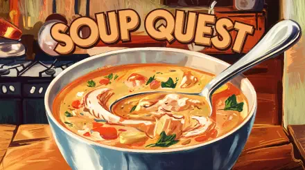 A vibrant 4K Ultra HD wallpaper featuring a bowl of hearty soup, garnished with herbs and chicken, accompanied by the bold text Soup Quest in an inviting kitchen setting.