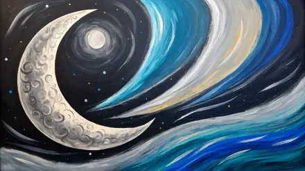 A stunning 4K Ultra HD desktop wallpaper featuring a crescent moon amidst swirling waves of blue and gray, set against a starry night sky.