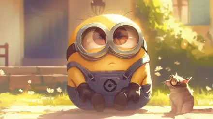 HD movie wallpaper featuring a cute Minion sitting on grass outdoors beside a small cat, with warm sunlight and soft background details.