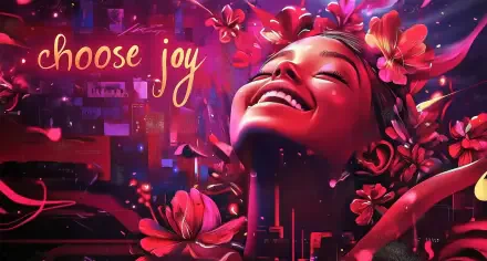 A vibrant HD wallpaper featuring the phrase Choose Joy, surrounded by a cascade of flowers and rich red hues, embodying a Y2K aesthetic and a celebration of positivity.