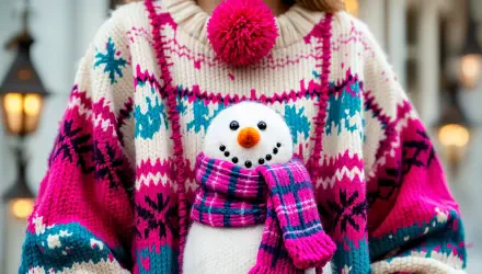 A colorful, eye-catching ugly sweater adorned with festive patterns, worn by a person holding a snowman dressed in a pink scarf, set against a wintery backdrop. 4K Ultra HD desktop wallpaper.