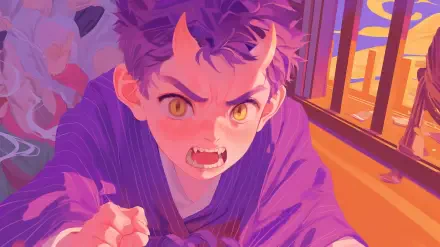 A vibrant anime boy with purple hair and yellow eyes, showcasing an intense expression. His demon-like features and striking colors create a captivating HD background.