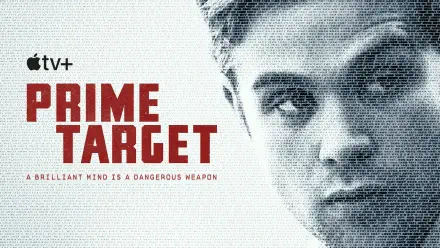 Close-up of Leo Woodall in Prime Target, featuring bold red text. The artwork emphasizes the show's tagline: A brilliant mind is a dangerous weapon. 4K Ultra HD desktop wallpaper.