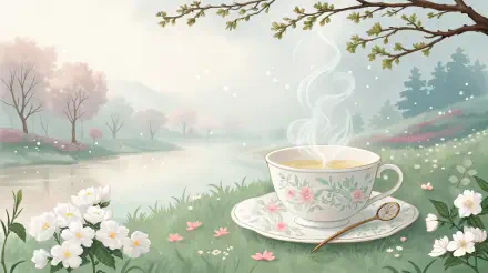 A serene landscape featuring a steaming cup of white tea on a floral-patterned saucer, surrounded by blossoms and a tranquil river, designed as a 4K Ultra HD desktop wallpaper.