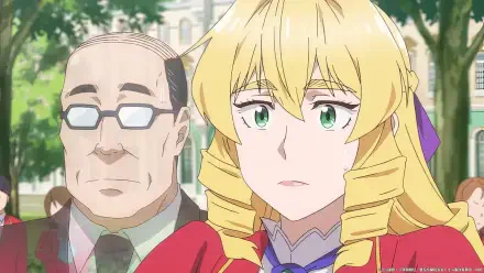 A scene from the anime From Bureaucrat to Villainess: Dad's Been Reincarnated! featuring a young woman with blonde hair and a concerned expression, alongside a man in glasses. HD wallpaper backdrop.