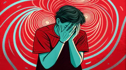 A 4K Ultra HD desktop wallpaper depicting a person in distress, covering their face with hands against a swirling red background, capturing the essence of anxiety.