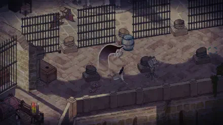 A detailed 4K Ultra HD wallpaper from the video game The Stone of Madness, featuring a shadowy stone environment with barrels and cages, evoking a mysterious atmosphere.